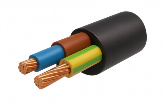 Electrical cable with exposed copper wires and insulated conductors, bringing power and connectivity, transparent background