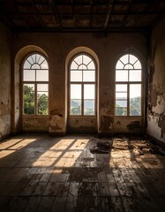 Sunlit interior of a decaying building with three arched windows offering a view of trees and hills