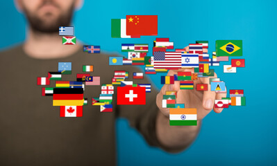 Diverse hand interacting with international flags, symbolizing global unity, travel, and interconnectedness. Perfect for concepts of internation