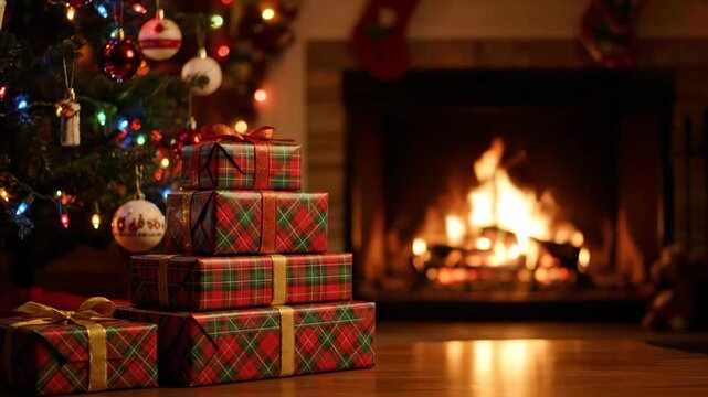 Retro cozy christmas scene with plaid gifts by a fireplace, festive decoration, and warm glowing lights, holiday footage.