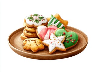 Colorful decorated cookies arranged on a wooden plate, showcasing festive designs and seasonal themes, perfect for celebrations or holidays.