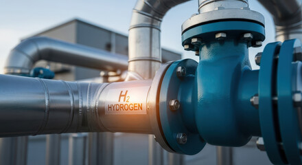 Obraz premium Industrial hydrogen pipeline with H2 label and a blue valve system at an outdoor power plant facility
