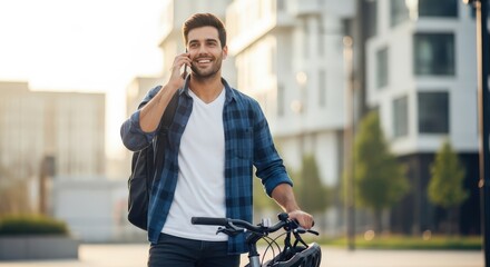 Happy young man talking on a smartphone and holding a bicycle on a bright sunny day in a city street