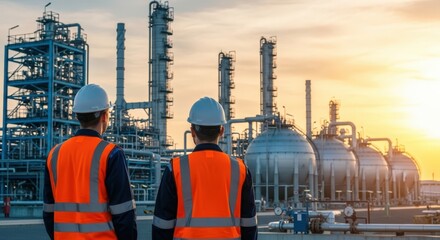 Two engineers in safety gear observing an industrial oil refinery plant at bright sunset