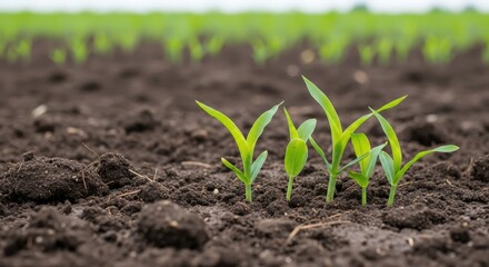 Young green corn sprouts growing in dark fertile soil in an agricultural field on a bright sunny day