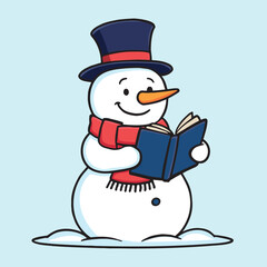 Cheerful snowman reading a book isolated on white background, enjoying a peaceful winter moment with a classic top hat