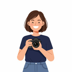Fototapeta premium Flat Style Smiling Woman Holding Camera Device Hobby Lifestyle Illustration
