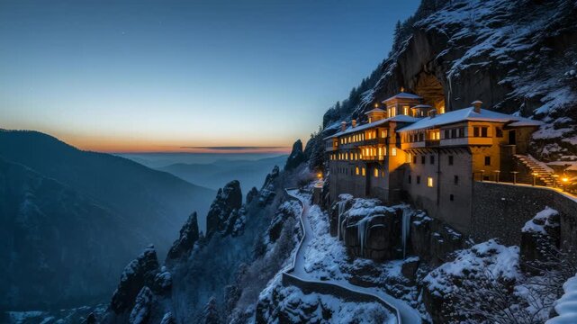 Enchanting mountain monastery at twilight: journey from dusk to nightfall. 4k Video footage