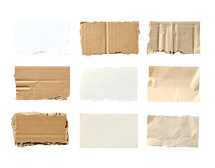 Assortment of torn rectangular pieces of various papers, textures, and colors on black