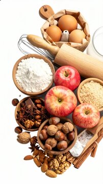 Baking ingredients in wooden bowls, apples, nuts, flour, eggs, spices, cinnamon on a bright white surface