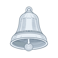 Engraved style illustration of a traditional bell isolated against a white background.