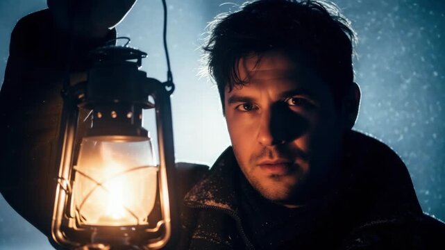 Mysterious night journey with a lantern through a snowy wilderness. 4k Video footage