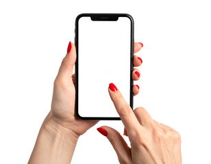 A person's hands hold a black smartphone, one finger touching the bright white screen