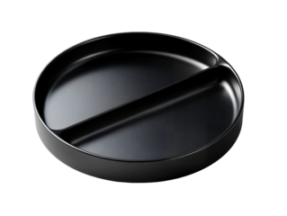 A sleek, round matte black divided plate with two equal compartments. Ideal for serving appetizers, side dishes, or sophisticated product mockups.