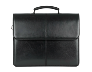 A classic, sleek, black, leather briefcase with a handle, a clasp, and a flap closure