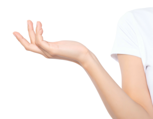 Cropped shot of a pale arm and hand reaching out from a white t-shirt