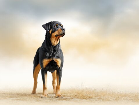 A majestic Rottweiler stands confidently in a serene landscape, exuding strength and loyalty against a backdrop of soft, muted colors.
