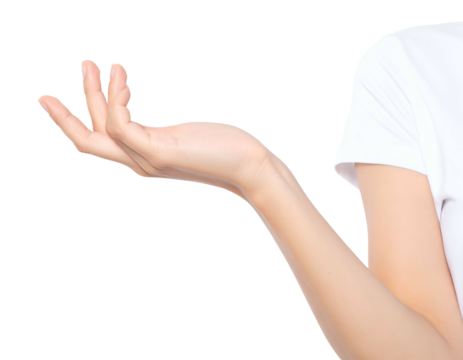 Cropped shot of a pale arm and hand reaching out from a white t-shirt