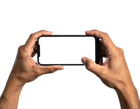 Two brown hands holding a black phone horizontally, blank screen against black background - Powered by Adobe