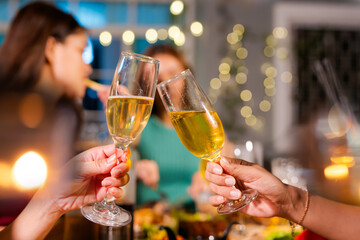  Wedding, couple at celebration party with friends and family, happy and smiling toasting champagne glasses, happy celebration concept.