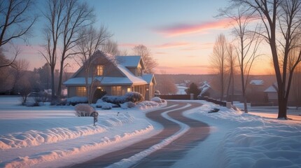  Daylight fades over a snow-covered suburban home with a peaceful driveway view in a serene winter setting 