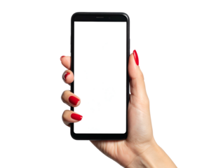 A hand with vibrant red nails holds a black smartphone with a blank, white screen
