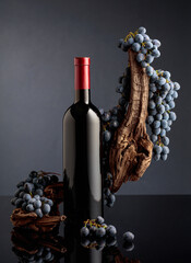 Bottle of red wine with a weathered snag and blue grapes.