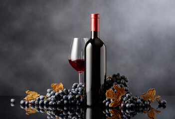 Bottle and glass of red wine with blue grapes on a black background.