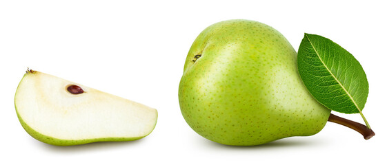 Pear Clipping Path. Pear fruit with green leaf and slice isolated on white background. Pear fruit