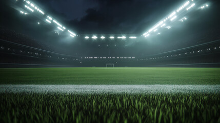 Bright stadium lights shine across green football field, capturing energy and excitement under the night sky.