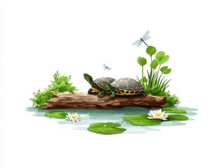 A serene illustration of two turtles resting on a log amidst lily pads and greenery, complemented by dragonflies hovering nearby.