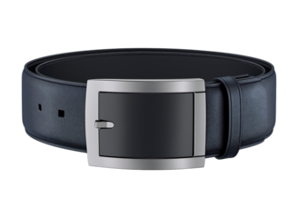 Sleek Modern Black Leather Belt with Brushed Metal Buckle isolated on a transparent background