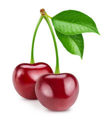 Cherry with leaves leaf isolated on white. Cherry Clipping Path. Cherry macro shooting