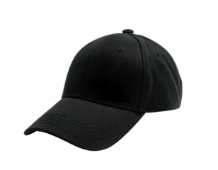 Solid black baseball cap against a black background, simple design, front view