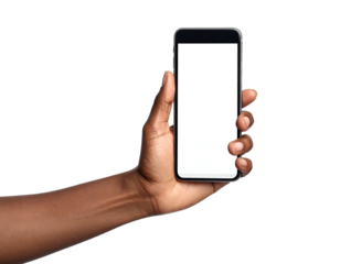 A dark-skinned hand holding a smartphone with a blank white screen against a black background