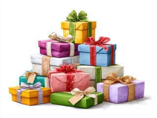Fototapeta premium A colorful stack of wrapped gifts adorned with bows, creating a festive and cheerful atmosphere.