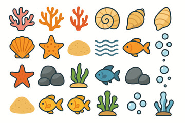 A set of icons related to the seabed. Among them are coral, stones, a snail, a starfish, a wave, a shell, seaweed, fish, a sandy bottom, and bubbles. The icons are stylized and use colors such as red,