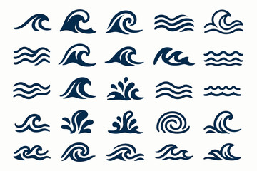 Fototapeta premium A set of 20 icons depicting various stylized waves, water flows, and drops. 