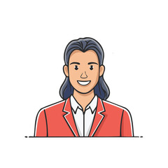 Fototapeta premium Cartoon woman character with long hair, red blazer, and a white shirt, featuring a simple vector art style and outlined details.