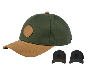 A curved-visor baseball cap in green with brown visor and patch