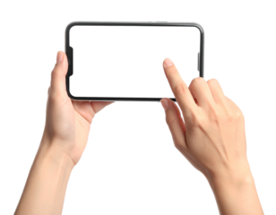 A person's hands holding a device with a blank screen, interacting with it