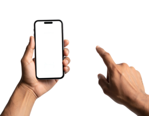 Dark-skinned hands holding a smartphone and interacting with its blank screen