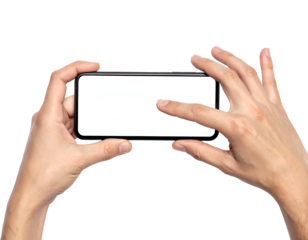 Person's hands hold a rectangular device with a blank white screen against a black backdrop
