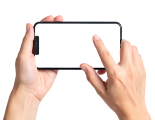 Close-up shot of two hands holding a rectangular black screen, one finger touches it