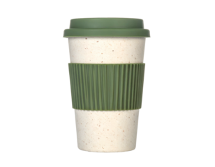 Eco-friendly, reusable coffee cup with a green lid and matching ribbed band