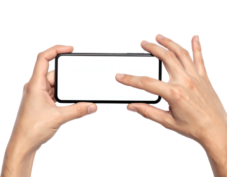 Person's hands hold a rectangular device with a blank white screen against a black backdrop - Powered by Adobe