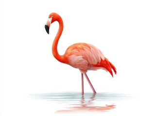 Fototapeta premium A vibrant pink flamingo stands gracefully in shallow water, showcasing its long legs and elegant neck against a light background.