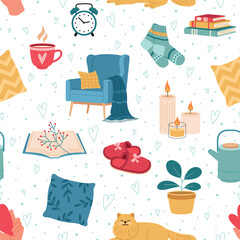 Cartoon cozy home elements seamless pattern. Repeat hygge things, comfort mood, hot tea cup, favorite book, warm socks, vector background