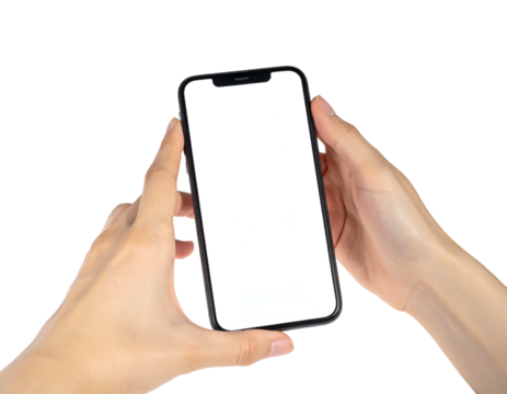 Close-up view of two hands holding a blank smartphone screen. Black background - Powered by Adobe