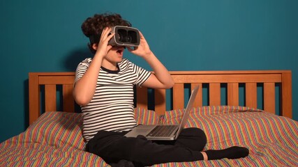 Little boy Immersed in cyberspace, metaverse, learning in virtual reality. Kid playing games. Child learning using virtual reality headset. Education child in virtual reality glasses. laptop and globe - Powered by Adobe
